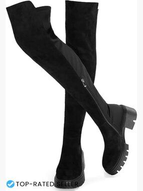 Over the Knee Stretch Suede Block Heel Boots Chunky Platform Zip Up